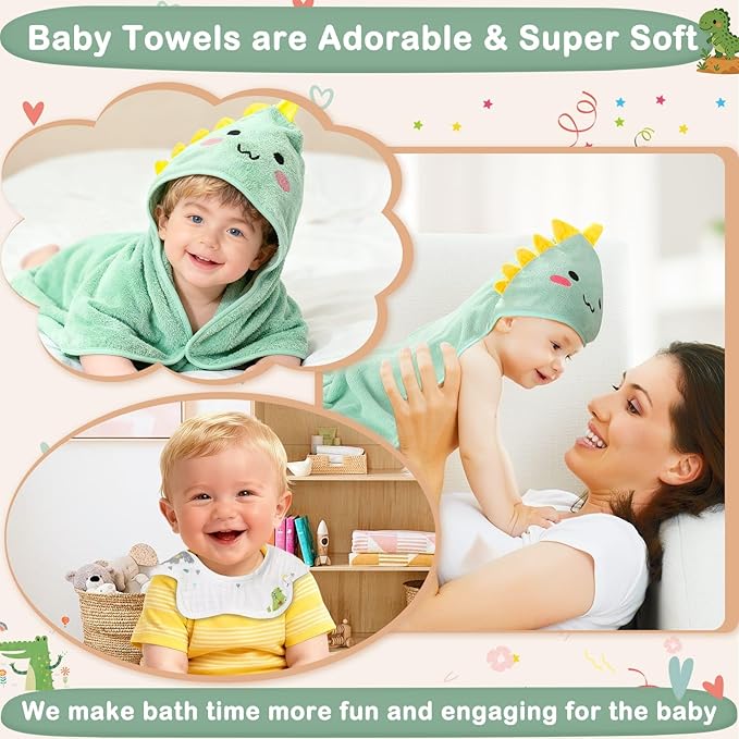 5 Pcs Baby Towel Set, 32x32 in Hooded Bath Towel, 3 Pcs Baby Washcloths and Cotton Baby Bibs for Newborns, Toddlers and Kids, Soft Baby Towels and Washcloths Set for Boys and Girls (Green Dinosaur)
