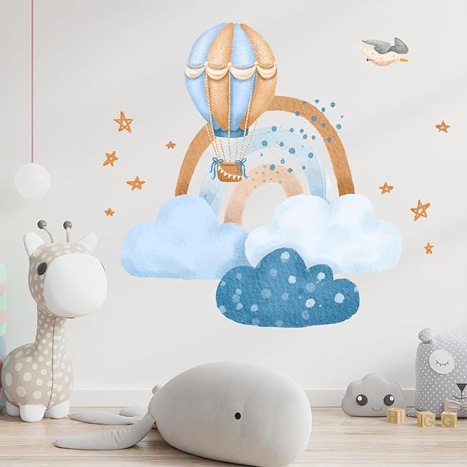 Ollaland Hot Air Balloon & Clouds Wall Decals - Peel and Stick Watercolor Rainbow Stars Bird Wall Stickers, Decor for Baby Nursery, Toddler & Kids Bedroom Walls