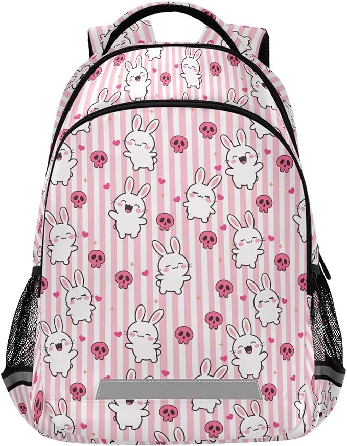 MNSRUU School Backpack with Chest Strap, Doodle Kawaii Rabbit Laptop Backpack, Travel Hiking Backpack for Boys Girls, Rucksack, Knapsack One Size