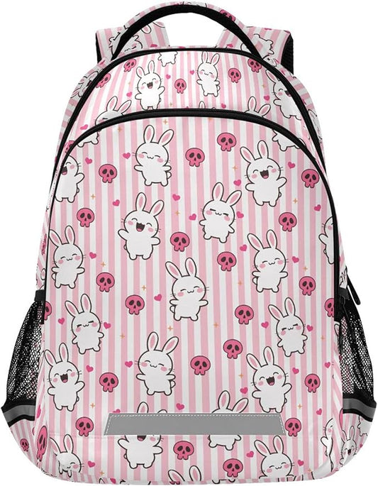 MNSRUU School Backpack with Chest Strap, Doodle Kawaii Rabbit Laptop Backpack, Travel Hiking Backpack for Boys Girls, Rucksack, Knapsack One Size