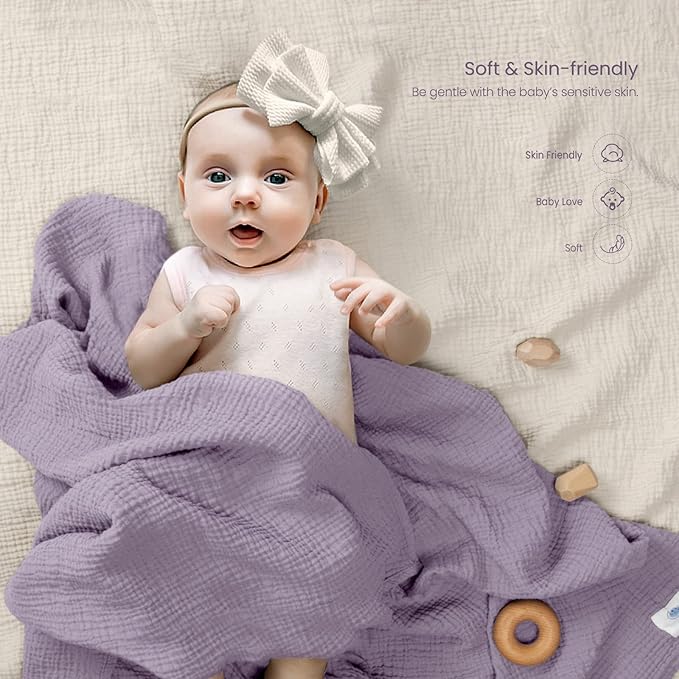 lulumoon Muslin Swaddle Blanket Baby - Cotton Swaddling Blanket Soft Baby Receiving Blankets Neutral 2Pack(Purple)