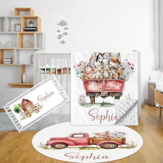 Custom Baby Bedding Set - 3 Pcs Personalized Name Crib Bedding Set for Nursery - Cute Baby Crib Set with Double Layer Blanket for Boys Girls - Customized Gifts for Toddler Infant - Farm Animals