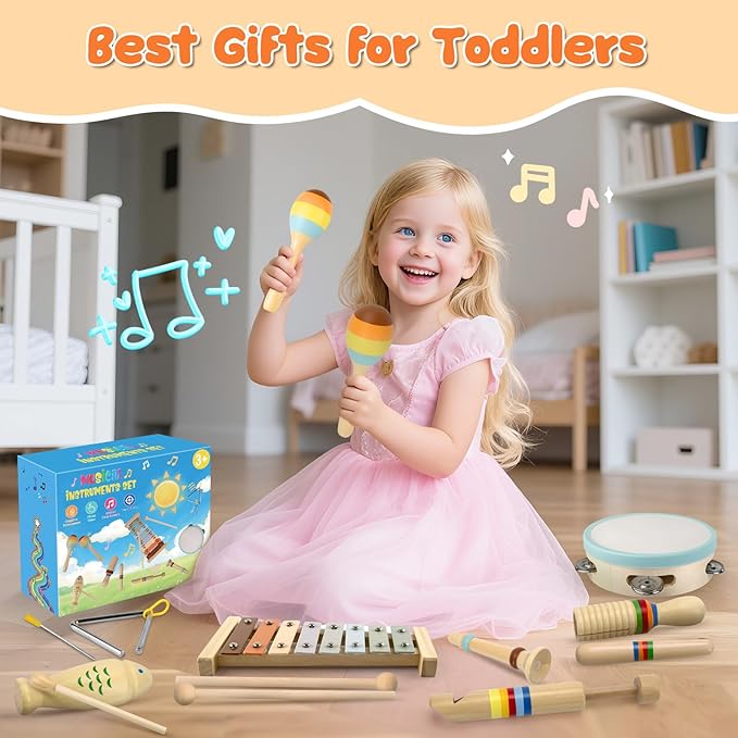 Baby Musical Instruments-Montessori Wooden Toys for Toddlers Age 3 Neutral Colors Percussion Instruments Set with Modern Boho Xylophone for Kids Preschool Educational, Includes Storage Bag