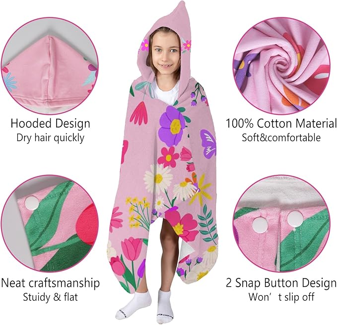 Thickened Hooded Towels for Kids Suitable Girls Boys Kids Bath Towels, 30"x50" Super Absorbent, Flower Cute Cartoon Toddler Towels Multi-Purpose for Beach, Pool and Bathroom