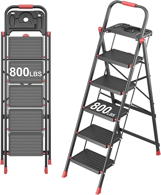 5 Step Foldable Step Ladder with Mutifunctional Tool Tray, Platform Ladders Stepstools, Step Stool 5 Step Folding with Non-Slip Pedals, 800lbs Bearing Capacity for Adults, Home, Kitchen, Black Red