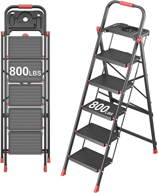 5 Step Foldable Step Ladder with Mutifunctional Tool Tray, Platform Ladders Stepstools, Step Stool 5 Step Folding with Non-Slip Pedals, 800lbs Bearing Capacity for Adults, Home, Kitchen, Black Red