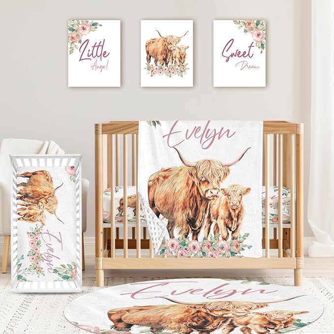 Personalized Baby Crib Bedding Set: 4 Piece Custom Floral Highland Cow Crib Bed Set with Name, Nursery Bedding Set for Baby Girls, Newborn Boys Crib Sets, Crib Bedding Custom Gift, Crib Sheet