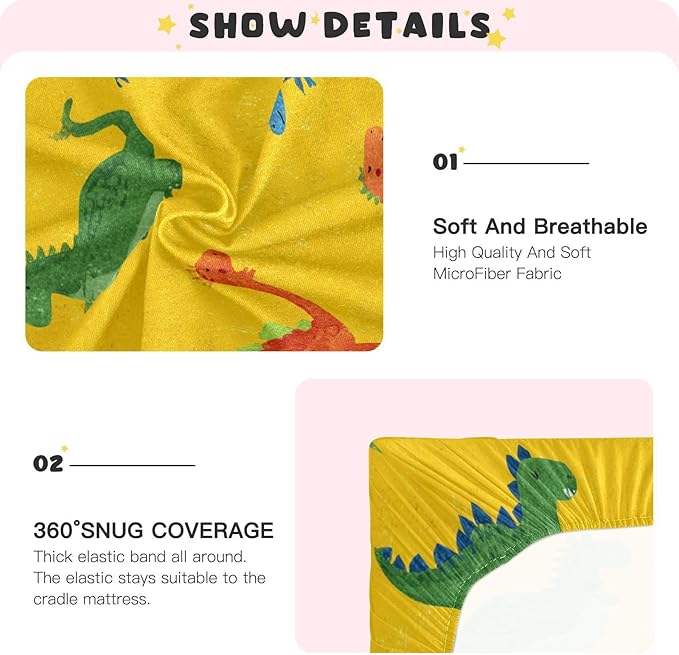 Dinosaur Cape Bright Yellow Crib Sheets Standard Crib Toddler Mattresses Cover Fitted Baby Bed Sheet Breathable Crib Mattress Sheet for Girls Boys 52" x 28"x5''