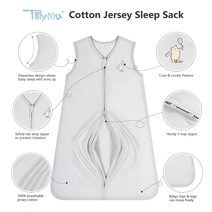 TILLYOU 2 Pack Infant Sleep Sack 0-6 Months 100% Cotton Wearable Blanket 0.5 TOG Sleeveless Summer Sleep Sacks with 2-Way Zipper, Bear Forest & Grey
