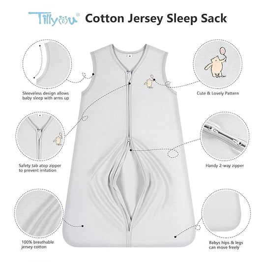 TILLYOU 2 Pack Baby Sleep Sack 12-18 Months 100% Cotton Wearable Blanket 0.5 TOG Sleeveless Summer Sleep Sacks with 2-Way Zipper, Bear Forest & Grey