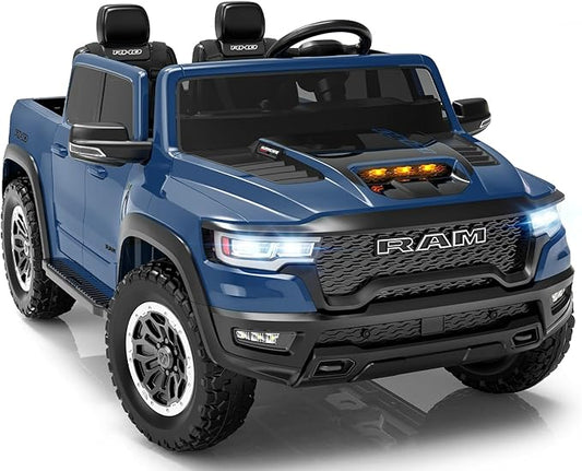 First Ride On 24V Ride On Toys for Big Kids, RAM 1500 2 Seater Ride on Car w/Remote, Battery Powered Truck w/ 4 Wheels Suspension, Toddler Car w/Bluetooth, LED Lights, Trunk & High Doors (DarkBlue)