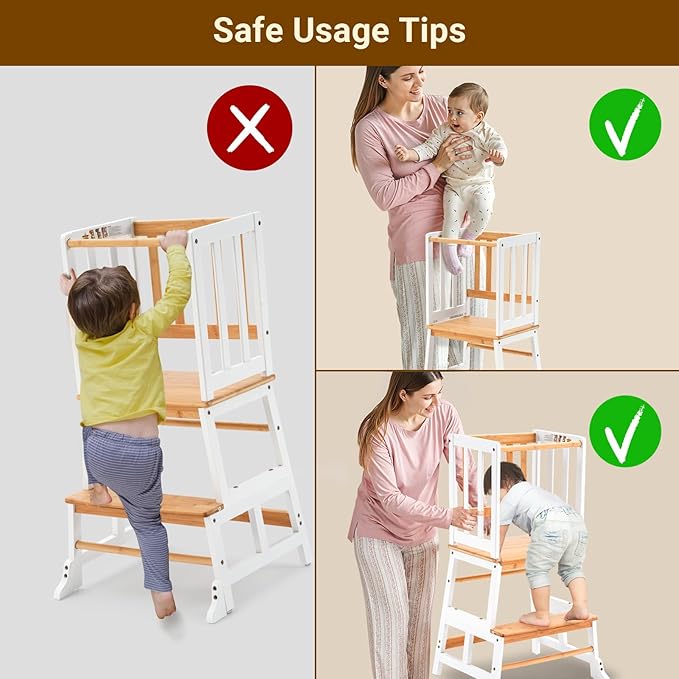 COSYLAND Kids Kitchen Step Stool Helper - Wooden Standing Tower for Kids with Anti-Tip Support Legs (White & Natural)