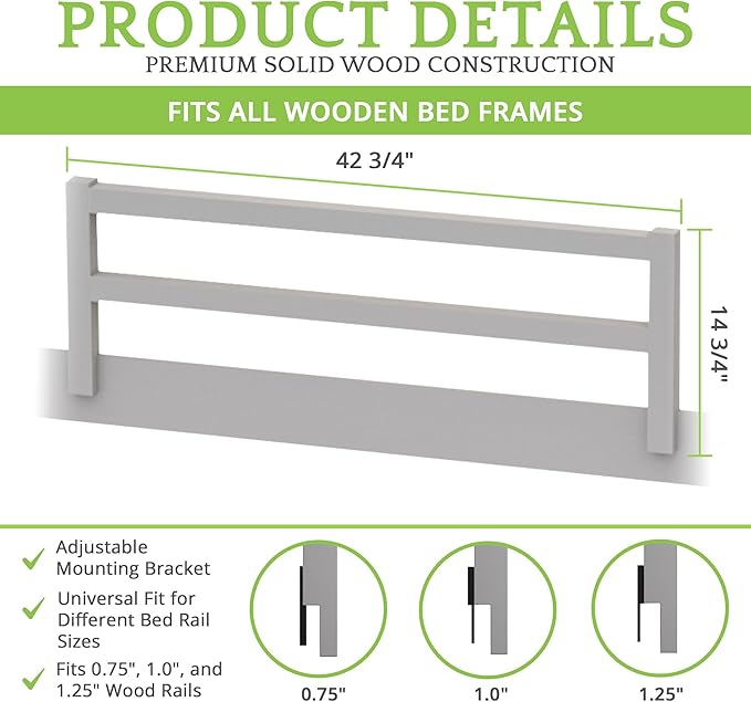 Safety Guard Rail for Baby, Kids, and Children - Solid Wood Safety Bed Rail for Toddlers - Easy Installation - Premium Protection for Bunk, Twin, Full, Queen and King Size Beds - (Grey - Delta 026)