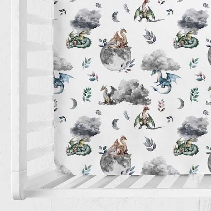 Watercolor Dragons Fairytale Baby Crib Sheets - 52''x28'' Dragon Wings Leaves Moon Clouds Stretchy Fitted Mattress Cover for Boy & Girl - Soft Nursery Bed Sheets for Standard & Toddler Mattress