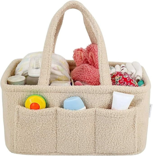 YelloIris Baby Diaper Caddy Organizer – Soft Beige Sherpa with 3 Removable Compartments & 6 Side Pockets – Perfect Nursery Storage Bin & Car Organizer for Diapers, Baby Wipes, and Essential Supplies.