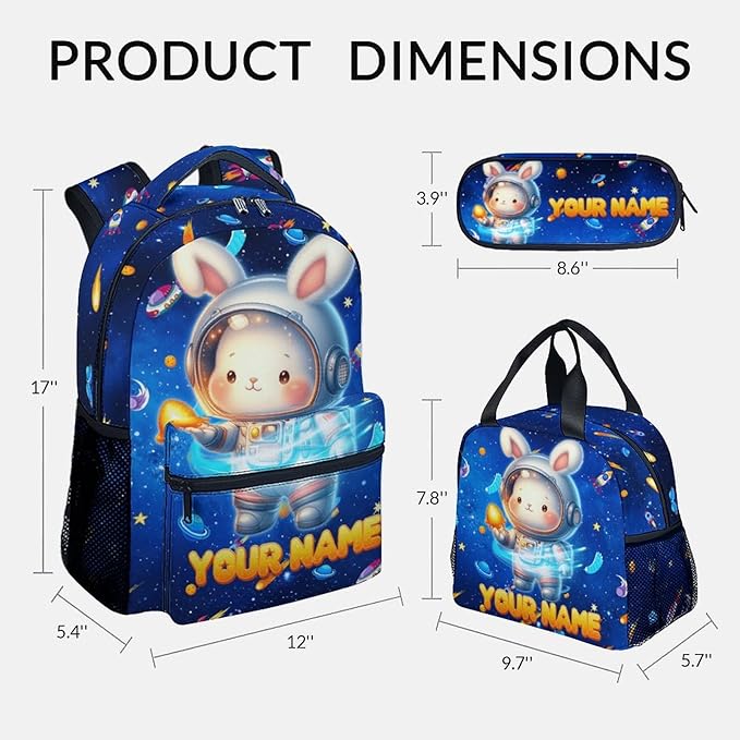 Kids School Backpack - Personalized Bunny Backpacks Set with Name - Custom Planet Bookbag for Boys Girls - Toddler School Bag for Kindergarten/Preschool/Elementary(17 Inch)