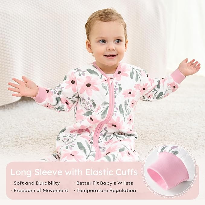 Yoofoss Baby Sleep Sack 12-18 Months 1.0 Tog Long Sleeve Sleep Sack Organic Cotton Wearable Blanket for Toddlers 2-Way Zipper Quilted Sleeping Sacks(Large)