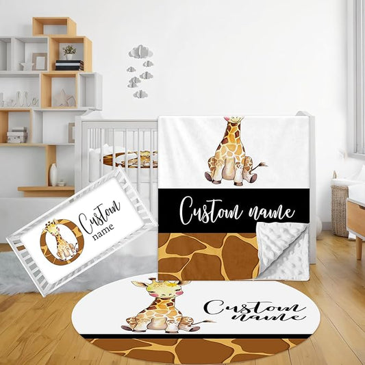 Personalized Baby Crib Bedding Set - 3 Pcs Custom Nursery Bedding Set with Name, Soft Double Layer Baby Crib Set for Girls Boys, Customized for Infant Toddler, Brown Giraffe