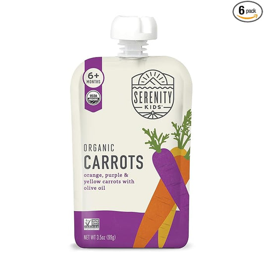 Serenity Kids 6+ Months Carrot Puree Organic Baby Food Pouches - No Added Sugar & Allergen-Free Toddler Food - BPA-Free Baby Snacks - 3.5 Oz, 6 Pack