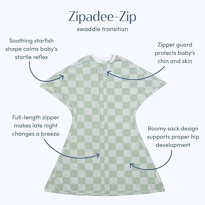 SleepingBaby Zipadee-Zip Transition Swaddle - Cozy Baby Swaddle Blanket with Zipper Convenience - Roomy Wearable Blanket for Easy Diaper Changes - Sea Green/Blue, Large (12-24 Month)