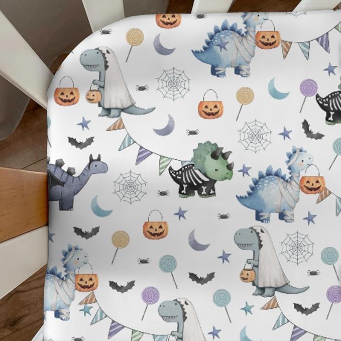 Cute Halloween Dinosaurs Baby Crib Sheets Spooky Dinosaur Pumpkin Bats Fitted Crib Mattress Cover for Standard Crib Toddler Mattress Halloween Night Baby Sheet 28x52in