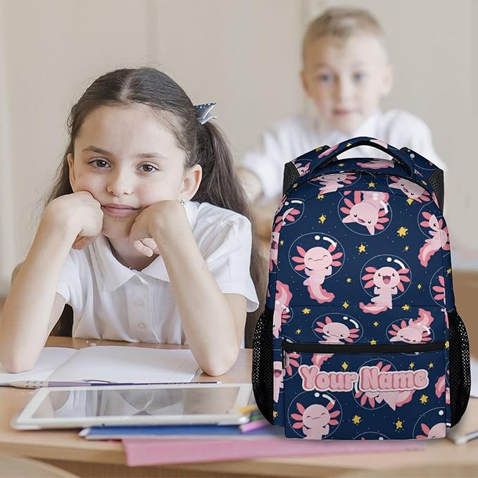 COZYAURA Custom School Bags for Girls - Cute Axolotl Travel Backpack for Kids - 17 Inch Black Bookbag for Elementary Middle School - Back to School Supplies