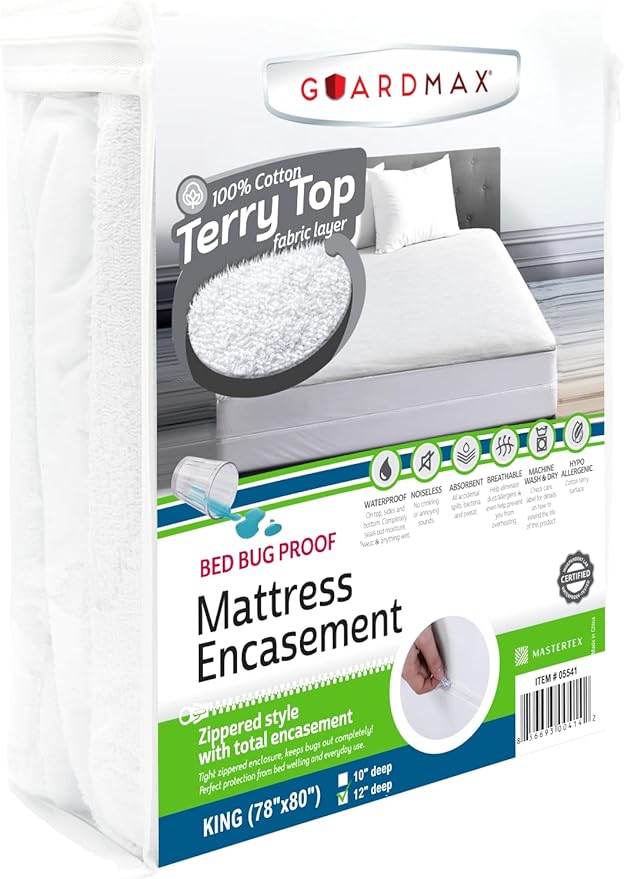 Guardmax Terry Cotton Zippered Mattress Encasement - King Size - 100% Waterproof and Bed Bug Proof Mattress Protector - Absorbent Six-Sided Mattress Cover (Terry Cotton, King)