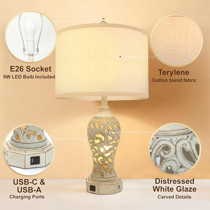 NITEBEE Bedside Lamps, Stepless Dimming, 3 Color Temperatures, Bedroom Lamps for Nightstand, Table Lamp with USB Port, Living Room Table Lamp, Farmhouse Lamps for Living Room(Bulbs Included)