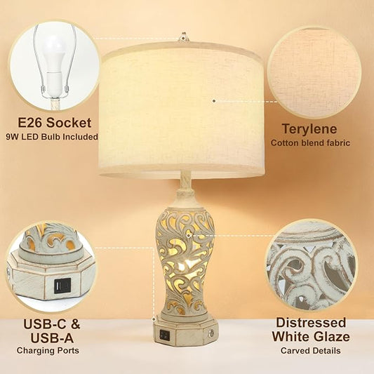 NITEBEE Bedside Lamps Set of 2, Stepless Dimming, 3 Color Temperatures, Bedroom Lamps for Nightstand, Table Lamp with USB Port, Living Room Table Lamp, Farmhouse Lamps for Living Room(Bulbs Included)