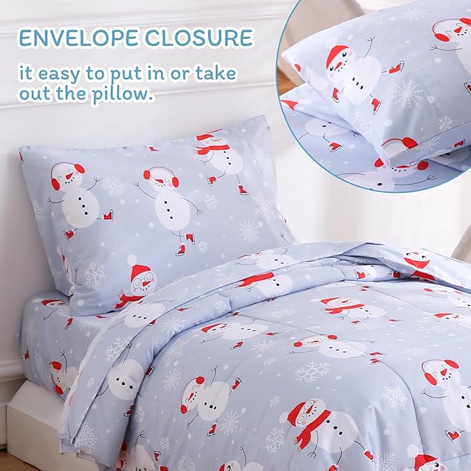 JSD Blue Snowman Toddler Bedding Set, 4 Piece Christmas Winter Toddler Microfiber Comforter Sheet Set, Lightweight Breathable