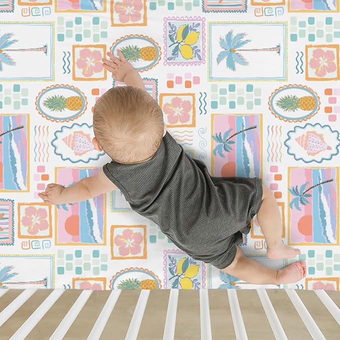 Colorful Beach Patchwork Baby Crib Sheets for Girl 52x28 Bright Summer Seashells Girly Soft Snug Fitted Crib Mattress Cover Pineapple Lemon Palm Starfish Baby Sheet for Crib & Toddler Bed Mattresses