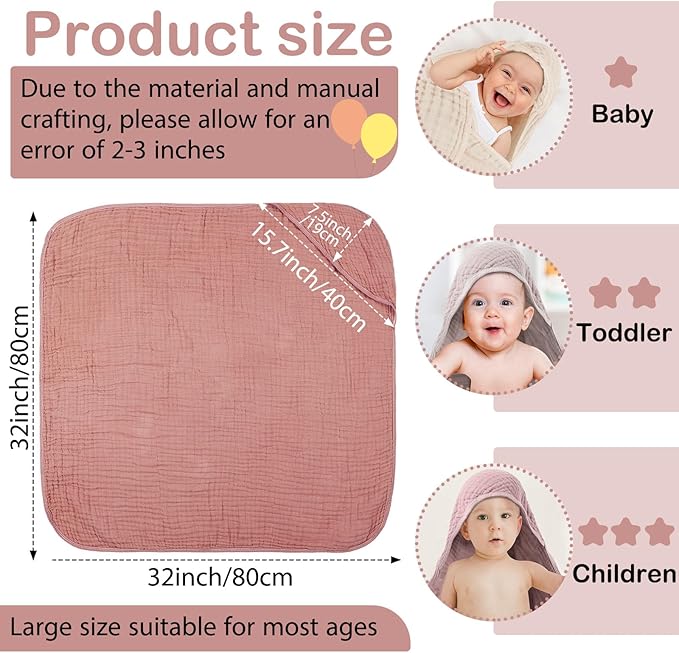 Peryiter 4 Pcs Muslin Hooded Baby Towels, 32x 32'' Cotton Newborn Bath Towel Muslin Infant Baby Blankets Absorbent Unisex Christmas Registry Gift Essentials for Girls Boys (Beige Series)