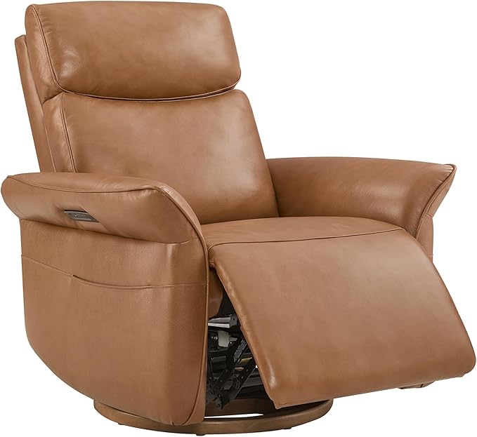 CHITA Genuine Leather Power Recliner Chair, Electric Triple-Motor Swivel Glider Nursery Rocking Chair with Adjustable Power Headrest and Lumbar Support, Solid Wood Base, Saddle Brown