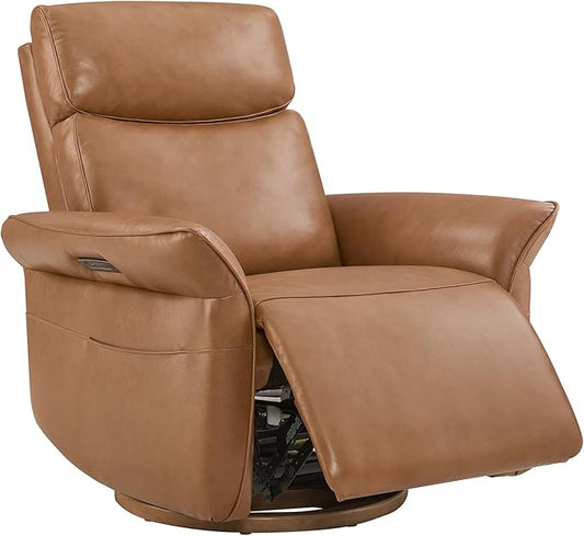 CHITA Genuine Leather Power Recliner Chair, Electric Triple-Motor Swivel Glider Nursery Rocking Chair with Adjustable Power Headrest and Lumbar Support, Solid Wood Base, Saddle Brown