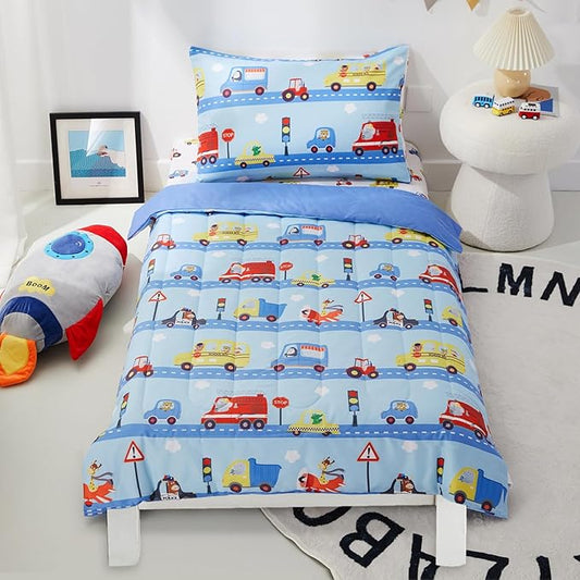 PINNKKU 4-Piece Toddler Bedding Set, Includes 1 Flat Sheet, 1 Fitted Sheet, 1 Comforter and 1 Reversible Pillowcase, Standard Toddler Comforter & Sheet Set, Ultra Soft Toddler Bed Set, Cars & Road