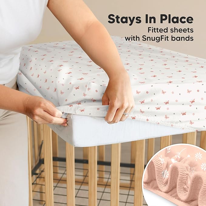 2-Pack Waterproof Crib Sheets for Girl, Boy - Organic Cotton 52X28 Fitted Crib Sheets Neutral, Crib Mattress Protector Sheets, Soft Toddler Bed Sheets, Washable Infant Baby Crib Sheets (Butterflies)