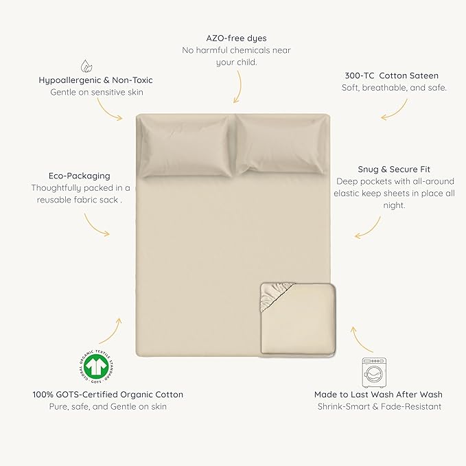 MakeMake Organics Organic Twin Fitted Sheet Set GOTS Certified Organic Cotton Fitted Sheet with 1 Pillowcase Ultra Soft Non Toxic Breathable Hypoallergenic (40"X76", Oat)