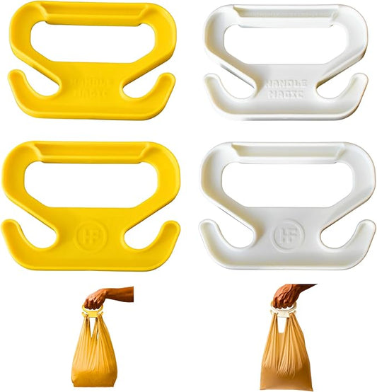 Handle Magic (4 Units) Bag Carriers | Ergonomic Grip and Bag Holder | Pocket Size | Lightweight & Comfortable for Shopping & Travel - Made in USA (White Yellow)