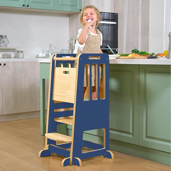 WINGYZ Toddler Tower – Adjustable Step Stool Helper for Kids 18M–6Y, Kitchen Learning Stool with Safety Rail, 3-Height Adjustable, Sliding Door, Full Support Foot, Wooden Updated Design, Dark Blue