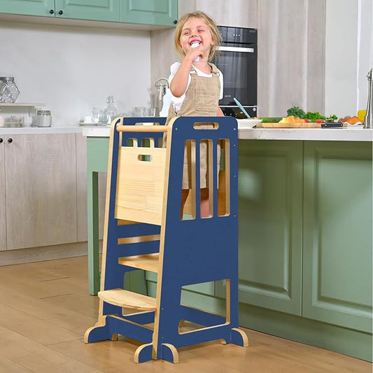 WINGYZ Toddler Tower – Adjustable Step Stool Helper for Kids 18M–6Y, Kitchen Learning Stool with Safety Rail, 3-Height Adjustable, Sliding Door, Full Support Foot, Wooden Updated Design, Dark Blue