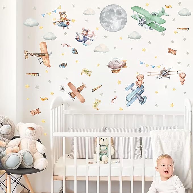 Vintage Airplane Wall Decals Cartoon Aircraft Balloon Animal Wall Stickers Moon Star Cloud Fabric Wall Stickers Cute Helicopter Watercolor Plane Wall Decals for Boys Room Kids Bedroom Nursery Decor