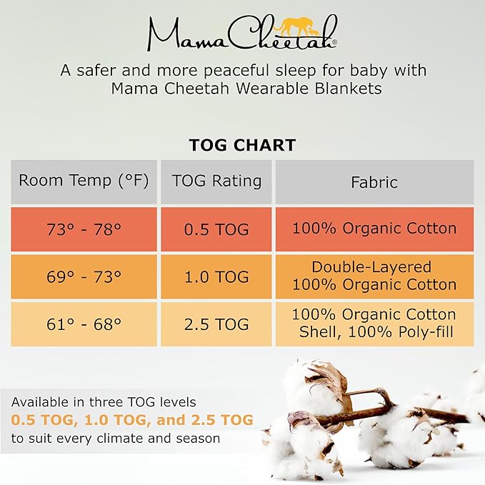 Mama Cheetah Baby Sleep Sack 2.5 TOG, Organic Cotton Baby Wearable Blanket with Two-Way Zipper, Swaddle Transition Baby Sleeping Bag for Newborn Infant Toddler Boy Girl, 24-48 Months
