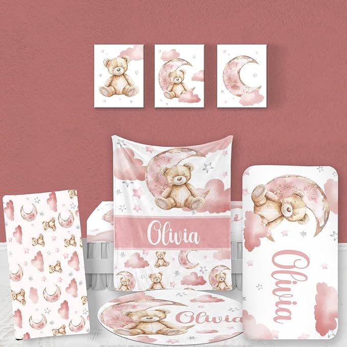 Custom Baby Bedding Set: Personalized Pink Sleeping Bear Bedding Baby Blanket Fitted Sheet Changing Cover Nursery Rug Room Decor Gift Idea