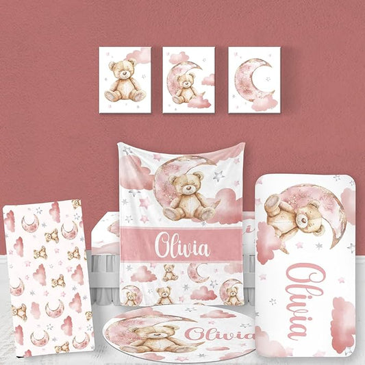 Custom Baby Bedding Set: Personalized Pink Sleeping Bear Bedding Baby Blanket Fitted Sheet Changing Cover Nursery Rug Room Decor Gift Idea