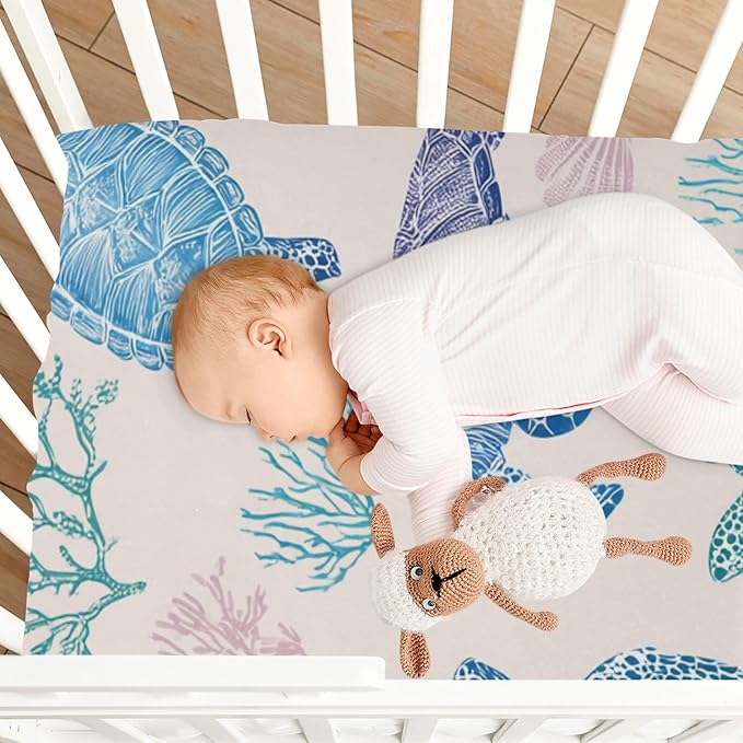 Line Turtles Starfish and Coral Crib Sheets Standard Crib Toddler Mattresses Cover Fitted Baby Bed Sheet Breathable Crib Mattress Sheet for Girls Boys 52" x 28"x5''