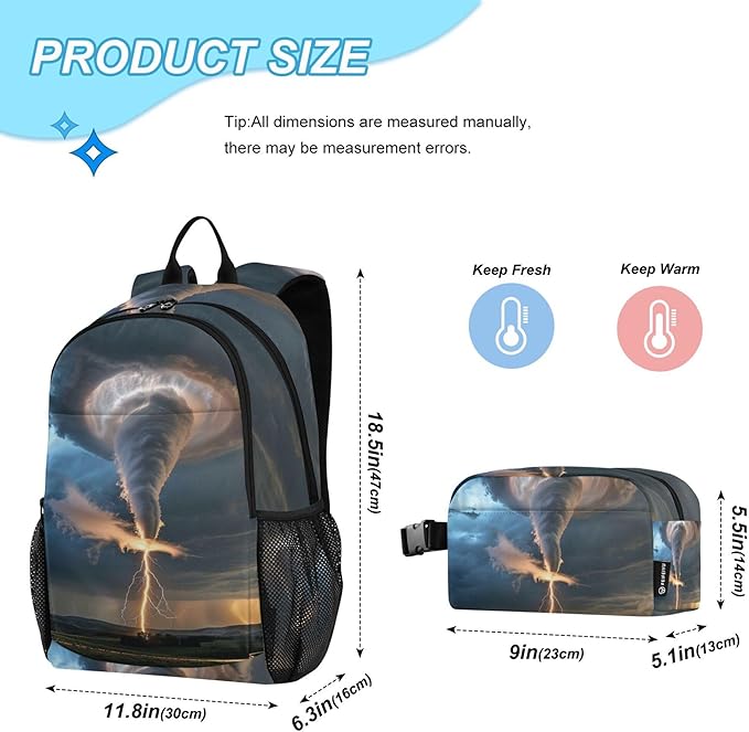 Jucciaco Grey Lightning Tornado Backpack with Lunch Bag, School Travel Backpack for Teens Boys Girls Backpacks Set
