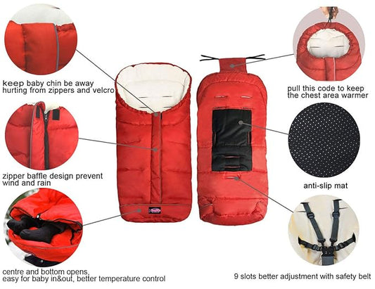 Waterproof Universal Stroller Bunting Bag, 3in1 Use Baby Sleeping Bag Adaptable for Most Strolllers, Central and Bottom Opens with Weather Strap to Aavoid Wind Go Between Zippers, Toddler 6-36M