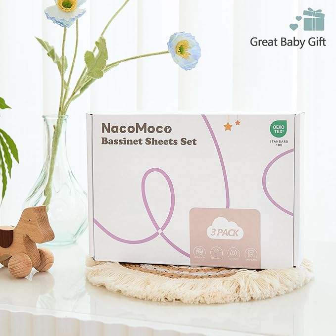 3 Pack Soft Bassinet Sheets - 33"x20" Bedside Bassinet Sheets for Baby Delight, Angelbliss, Maxi-COSI & Most Regular Size Bedside Sleeper | Breathable & Skin Friendly Bassinet Fitted Sheets for Girls