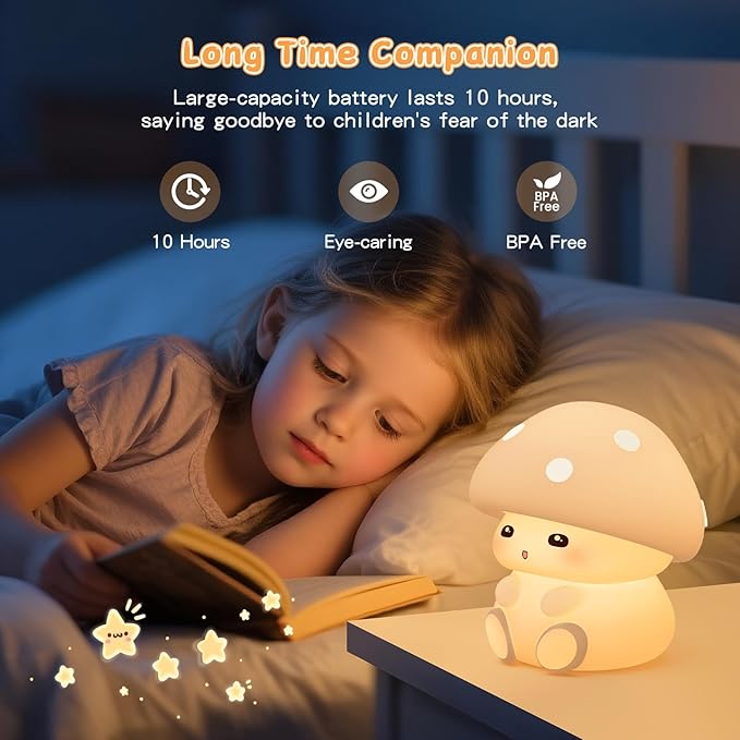 ICARER FAMILY Mushroom Night Light, White Silicone Night Lamp, Touch Control with 30/60 min Dimmble, 3 Brightness Levels, 7 Color Changing, LED Night Lights, USB-C Rechargeable, Gifts for Girls Boys