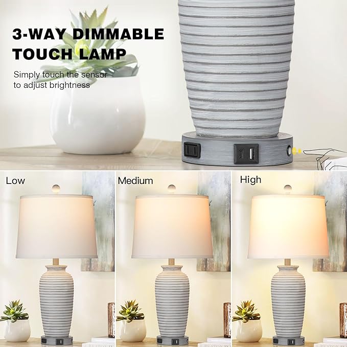 CINSARY 25" Farmhouse Jar Table Lamps Set of 2, 3 Way Touch Control Rustic Bedside Lamps with USB A+C Ports & AC Outlet, Pot Nightstand Lamps for Bedroom Living Room (LED Bulbs Included)